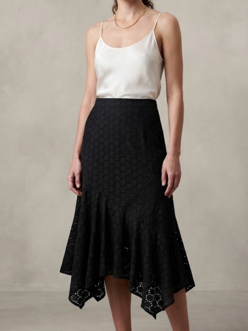 Frank Lyman Design Black Eyelet Asymmetrical Handkerchief-Hem Midi Skirt Size 12